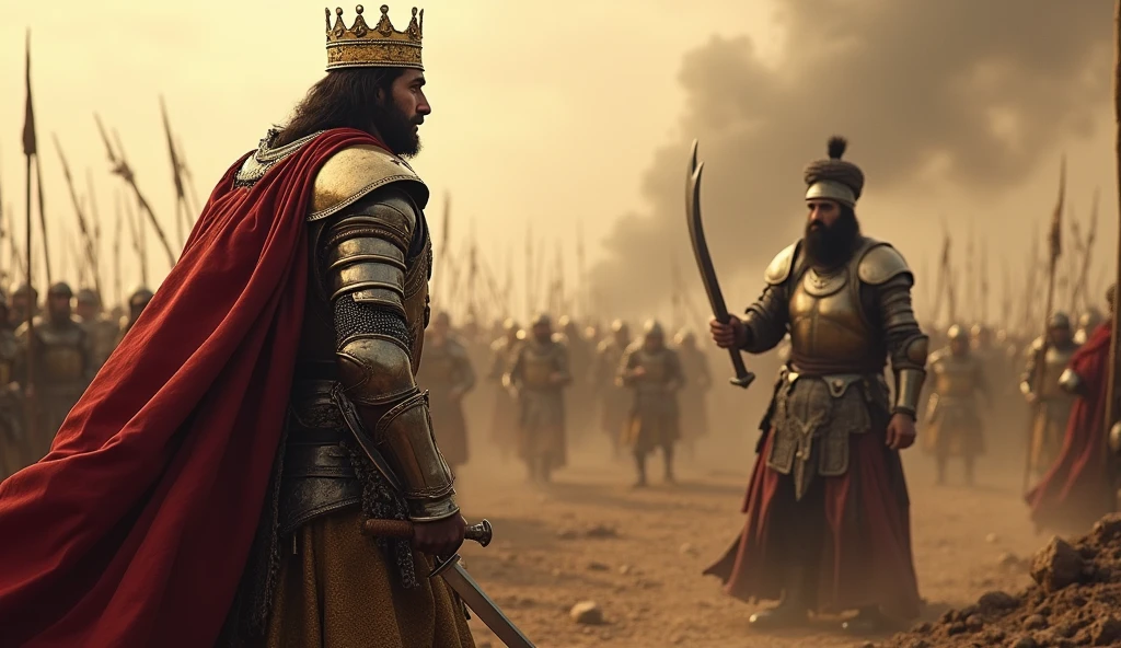 King Roderick, dressed in traditional royal armor with a golden crown on his head, stands on the battlefield of Guadalete, surrounded by the chaos of war. His face is filled with a mix of fear and defiance as he watches Thariq bin Ziyad, the Islamic warrior wearing a turban and full iron armor, approaching with his curved sword drawn. The background depicts the smoke and dust of battle, with fallen soldiers and the remnants of a fierce fight. The scene is captured in a cinematic, ultra-realistic style, emphasizing the tension and inevitability of Roderick's fate.