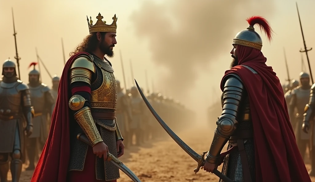 King Roderick, dressed in traditional royal armor with a golden crown on his head, stands on the battlefield of Guadalete, surrounded by the chaos of war. His face is filled with a mix of fear and defiance as he watches Thariq bin Ziyad, the Islamic warrior wearing a turban and full iron armor, approaching with his curved sword drawn. The background depicts the smoke and dust of battle, with fallen soldiers and the remnants of a fierce fight. The scene is captured in a cinematic, ultra-realistic style, emphasizing the tension and inevitability of Roderick's fate.