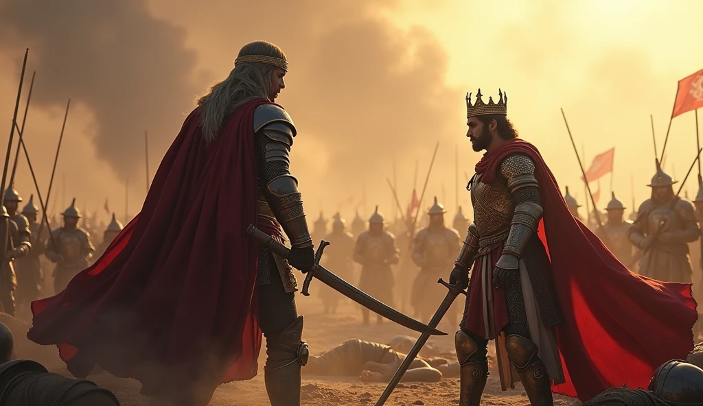 King Roderick, dressed in traditional royal armor with a golden crown on his head, stands on the battlefield of Guadalete, surrounded by the chaos of war. His face is filled with a mix of fear and defiance as he watches Thariq bin Ziyad, the Islamic warrior wearing a turban and full iron armor, approaching with his curved sword drawn. The background depicts the smoke and dust of battle, with fallen soldiers and the remnants of a fierce fight. The scene is captured in a cinematic, ultra-realistic style, emphasizing the tension and inevitability of Roderick's fate.