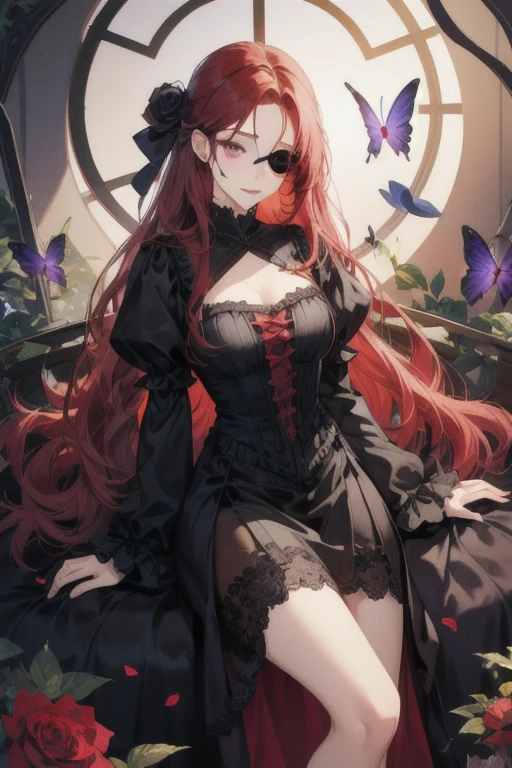 Cold girl, wearing gothic dress, red butterflies, very long red hair, purple eyes, rose eye patch