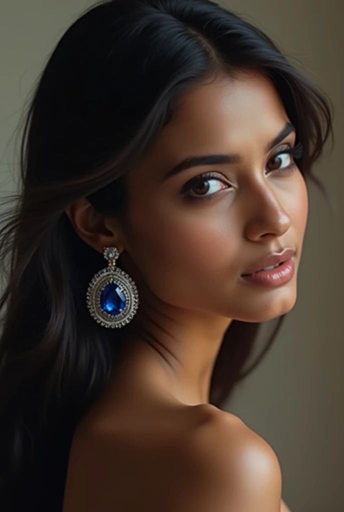 Blue sapphire gemstone earing image in ear of beautiful indian lady