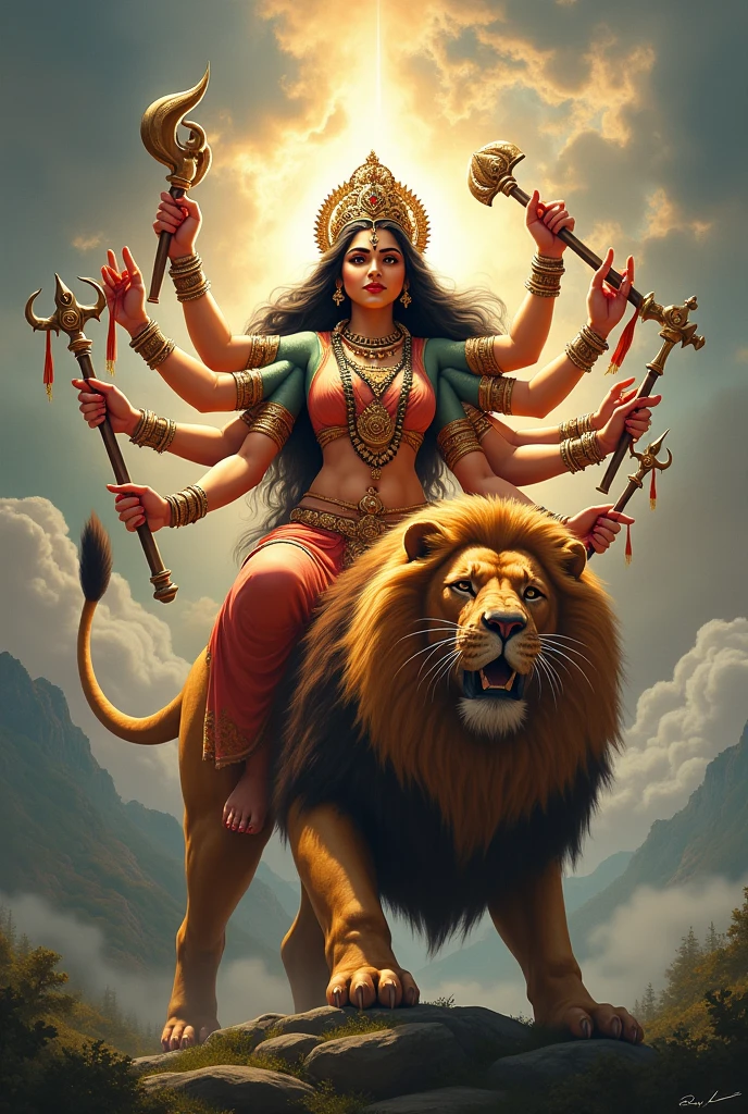 Durga Mata who rides on a lion and has 10 hands