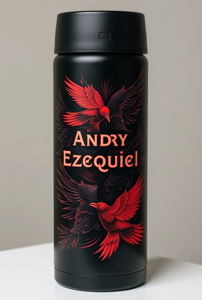 Create a personalized thermos with a black design and that has the name Andryezequiel and drawings of red and black crows. And the name that looks classic, that shows the name Andry among the crows.