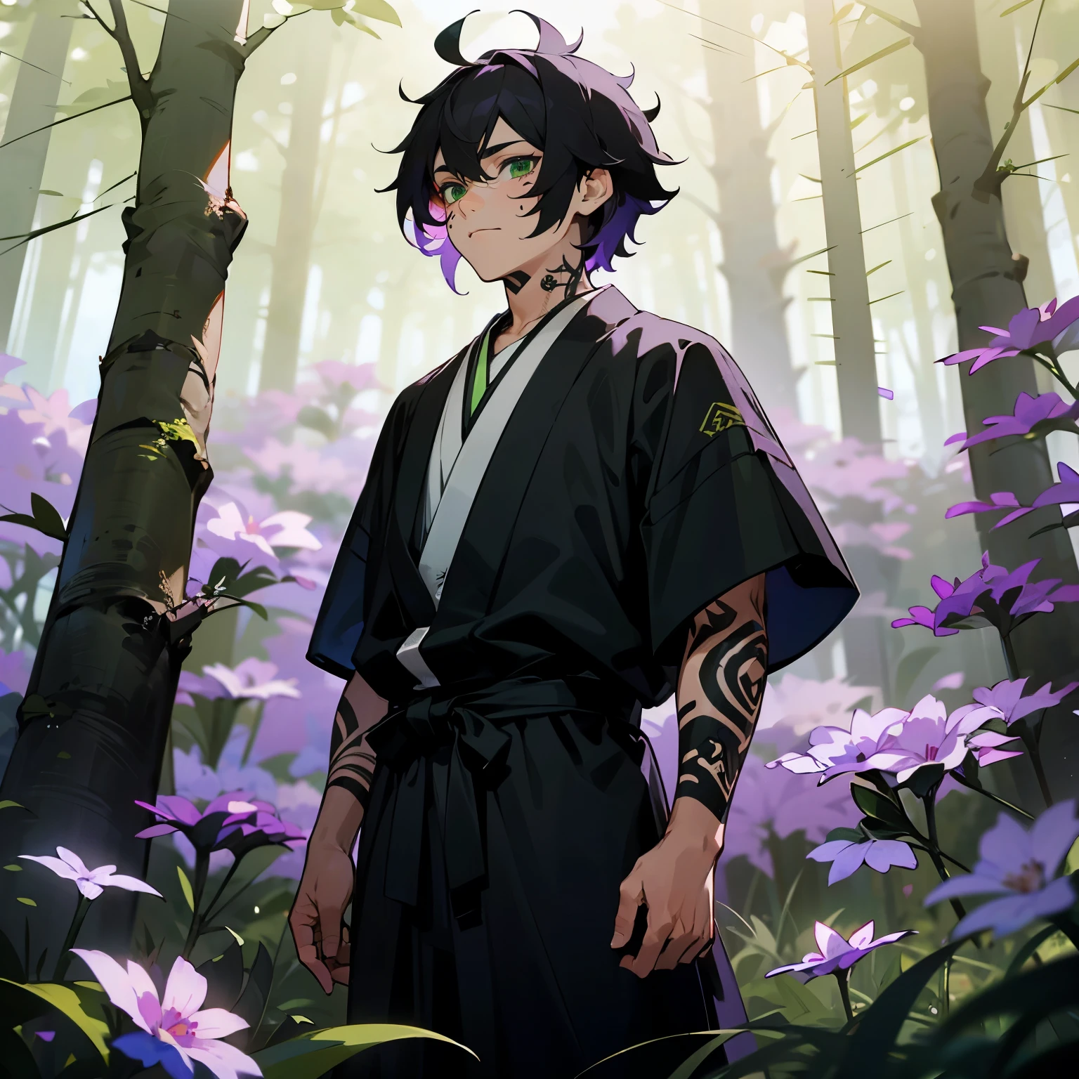 1male , Purple and Green Eyes , Multicolored Eyes , Purplish Black Hair , Messy Hair , Black Yukata , Combat Clothing , Standing in a forest with purple flowers along the grass , calm expression , Green Tribal Markings , Kanji Tattooed on face