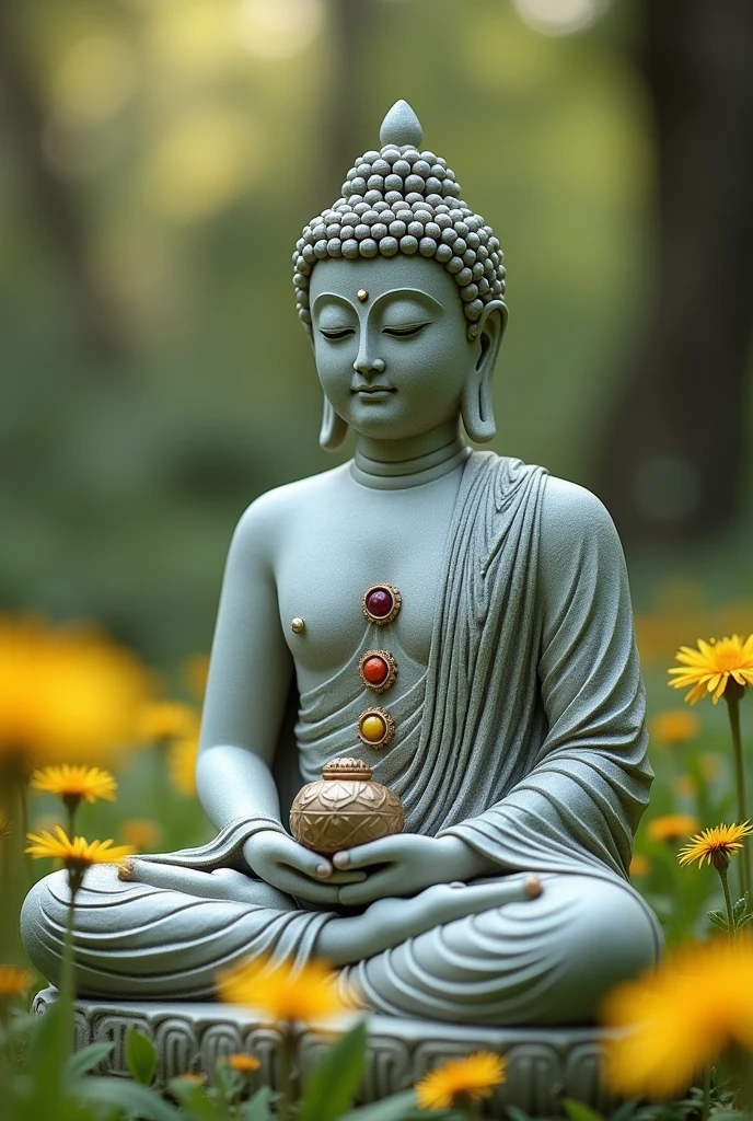 Statue buddha toge sous le bras , 7 chakras, pissenlis plumes