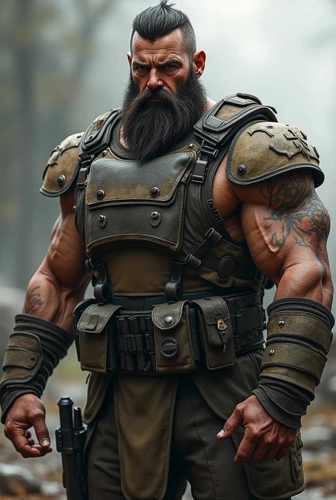 A tall man, chunky, bearded, Youngh, 
 with sculpted muscles, deep scars, black hair, kept short,, and his stubble adds a hardened look, eyes browns,He wears tactical armor, but simple, preferring agility and functionality over appearance.