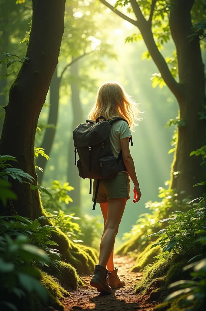 Young white blonde woman, 24yo, while hiking in the forest with trees