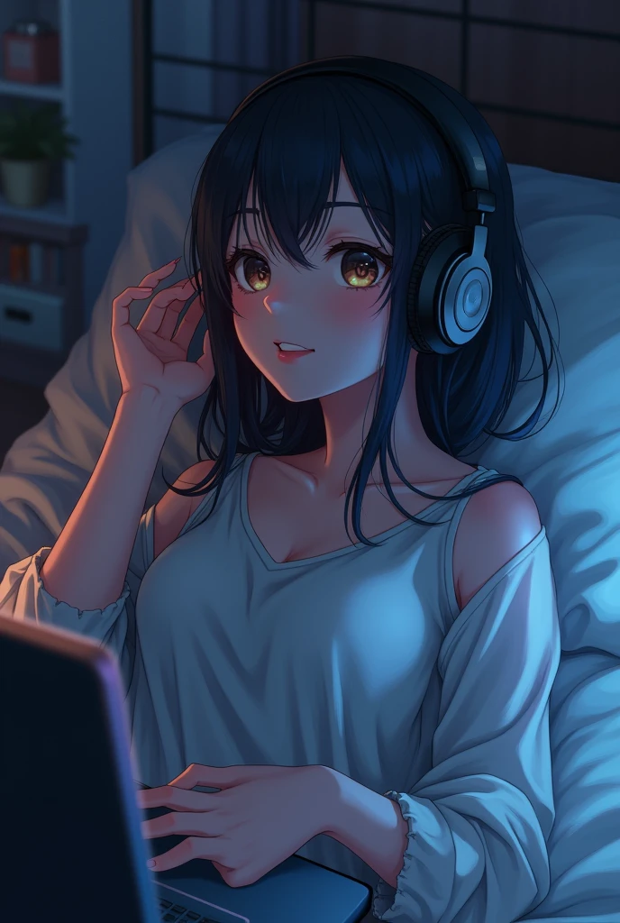 ( High Definition 2D Anime) Girl listening to music in a cozy room at night, use headphones, 2d anime style, they be, Hard disk, kinda dark, sexy girl.