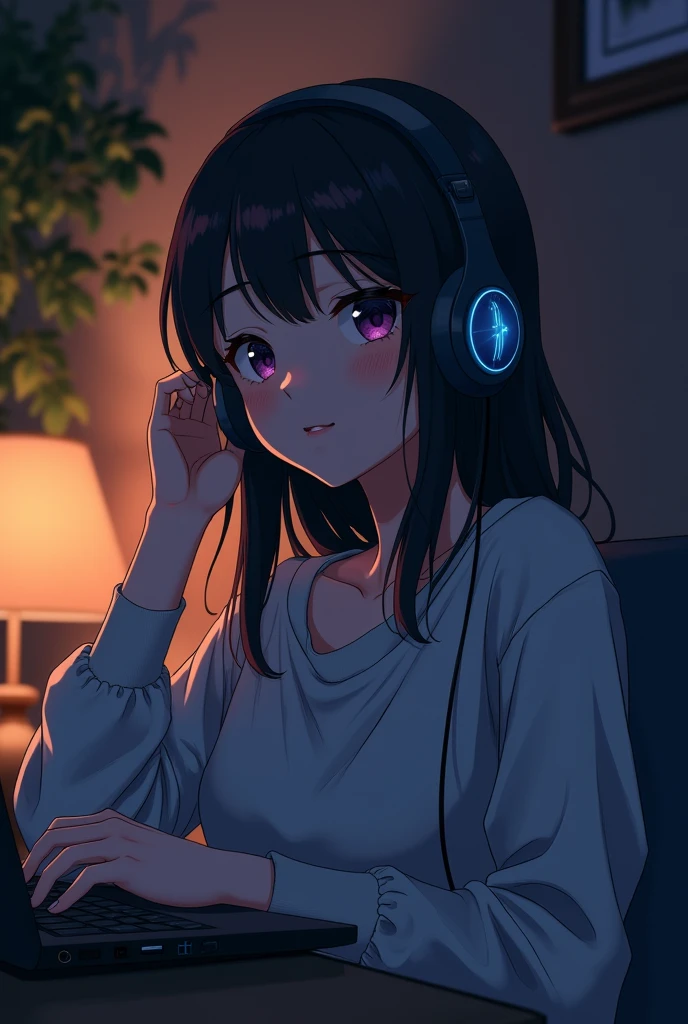 ( High Definition 2D Anime) Girl listening to music in a cozy room at night, use headphones, 2d anime style, they be, Hard disk, kinda dark, sexy girl.