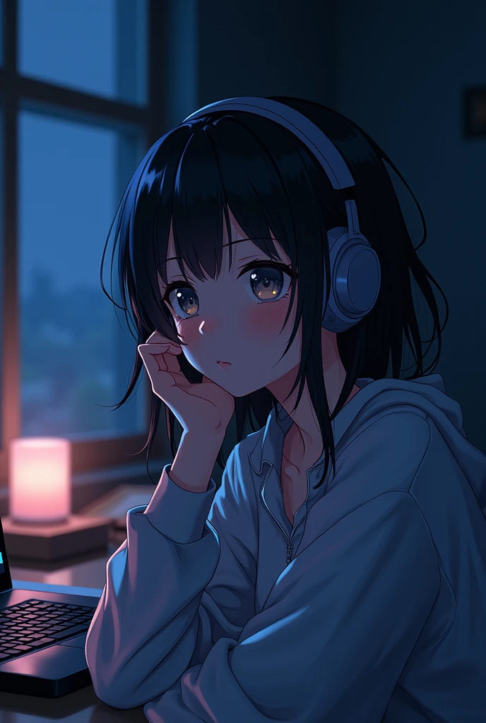 ( High Definition 2D Anime) Girl listening to music in a cozy room at night, use headphones, 2d anime style, they be, Hard disk, kinda dark, sexy girl.