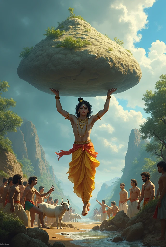 Create cute images of young lord krishna saving Brindavan people from flood by holding Govardhana mountain in his hand for protecting village people and domestic animals under mountain