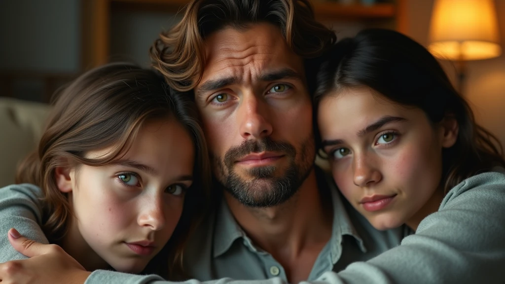 Ultra-realistic portrait of a man in his 40s. He has brown hair with a few white strands, a neatly trimmed beard and green eyes that reflect sadness and relief. His face is well defined and his expression suggests emotion and vulnerability. The portrait should be taken from the waist up. He is wearing a casual shirt. The man is in a living room, being hugged by two people, a teenage boy and a teenage girl, both with brown hair and expressions of support and solidarity. The environment should include elements such as a sofa and a lamp, but should be blurred so as not to distract attention from the main objects. The lighting should be soft and warm, with the light from a lamp coming from above, creating subtle shadows that accentuate the subjects' emotional expressions. The light should highlight the eyes and the texture of the skin, emphasizing the seriousness and emotion of the moment. The image should convey a sense of togetherness and relief, with a touch of vulnerability. Suggest a warm color palette, such as golds and browns, that complements the atmosphere of the living room. The photo should be of high quality, with 8k rendering and extreme detail, capturing the emotional essence of the moment.