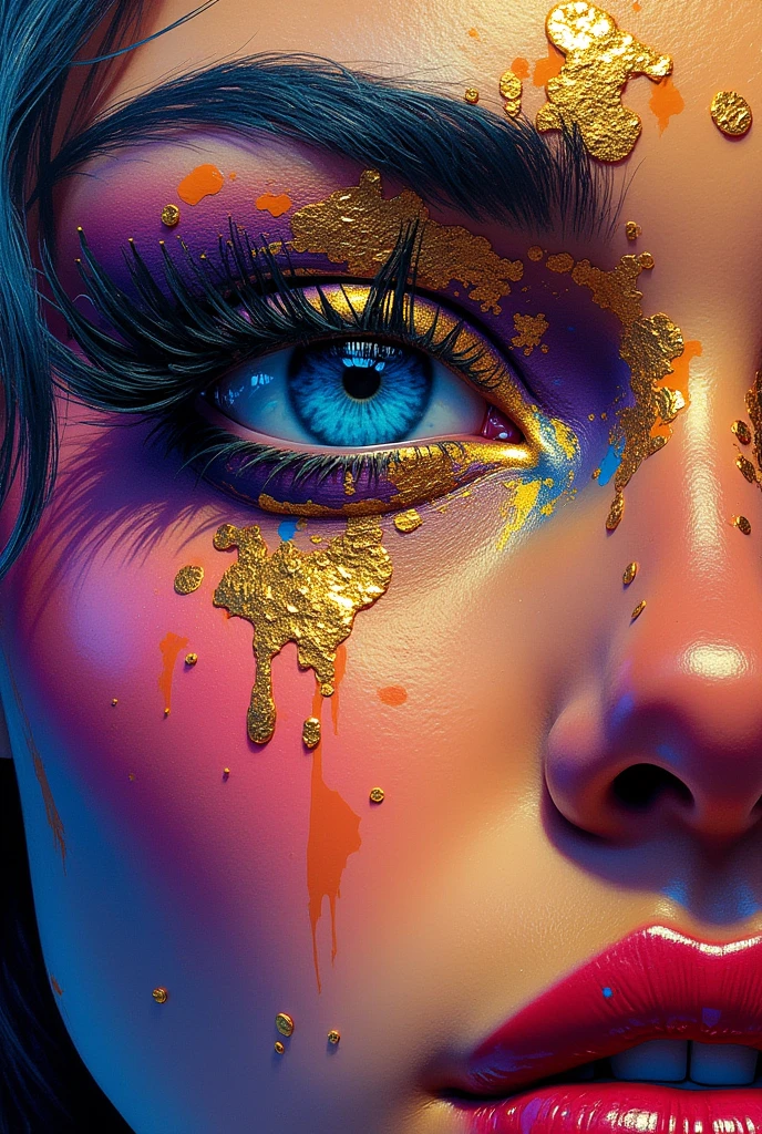 A striking and vibrant abstract portrait of a face, painted with a dazzling array of colors like purple, blue, Orange, and gold. The eye is the focal point, adorned with gold leaf detailing and a blue hue, exuding a mysterious and captivating aura. The bold, expressive brushstrokes create a dynamic and emotive atmosphere, giving the artwork a unique and powerful presence. The thick, textured paint adds depth and dimension, with colors blending and overlapping in a mesmerizing way. This captivating piece combines elements of graffiti, illustration, and painting, resulting in a fashionable and visually stunning masterpiece, with the fusion of styles creating an eye-catching and modern aesthetic., vibrant, illustration, fashion, graffiti, painting