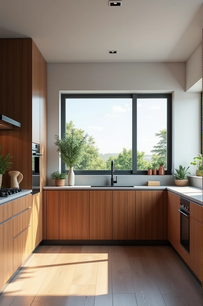 Contemporary fitted kitchen, freijo wood panel , medium window looking out , in the northeast of Brazil , ultra realistic render , 8k , ultra-realistic , photo realist .