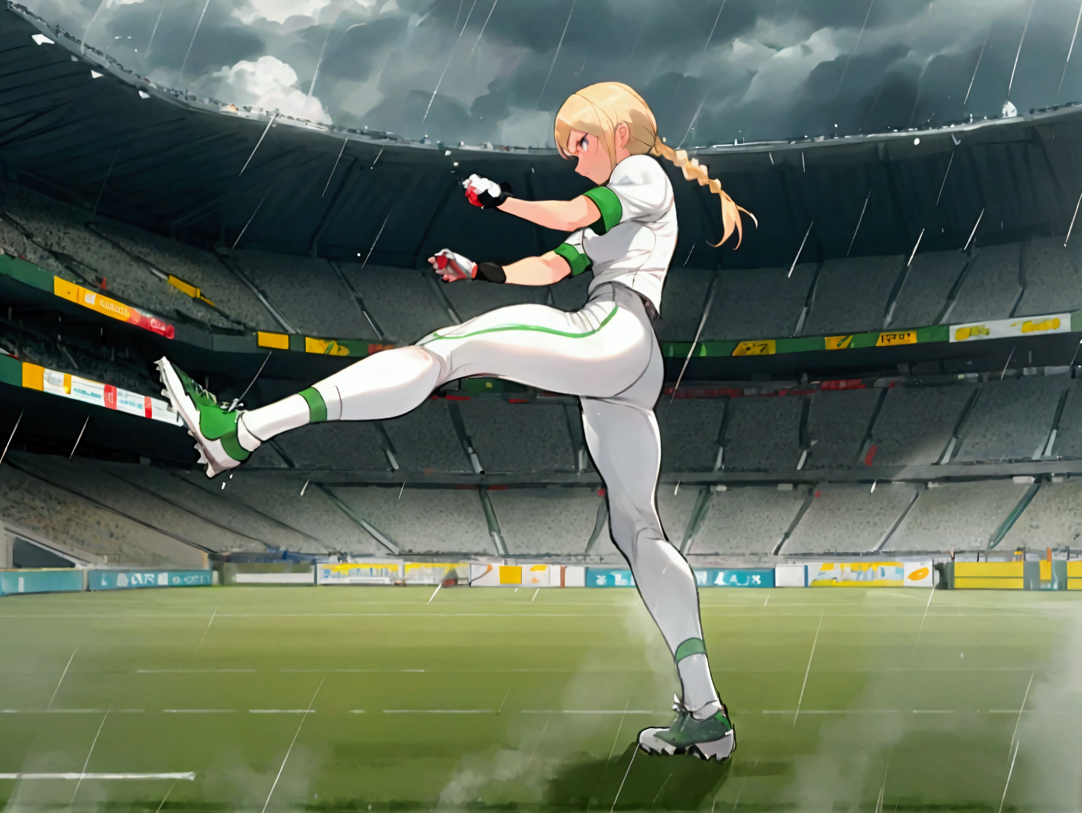 work of art, Maximum quality, 8k, cg-style, extremely detaild, high resolution, hyper-realistic skin texture, RAW Photos, best qualityer, highy detailed. break. An intense football scene with a single player (blonde, hair tied in a ponytail, wearing a completely white football uniform, confrontation, concentrated, eyes fixed on the ball, preparing for a powerful kick), break, fund (packed stadium, fans cheering, grama verde, stadium lighting highlighting the player, cloudy weather with light drizzle), break, dynamic perspective (low angle focused on the player and the ball), motion capture (action at the moment of the kick, details of strength and speed), medium shot, focus on the intensity of the moment)