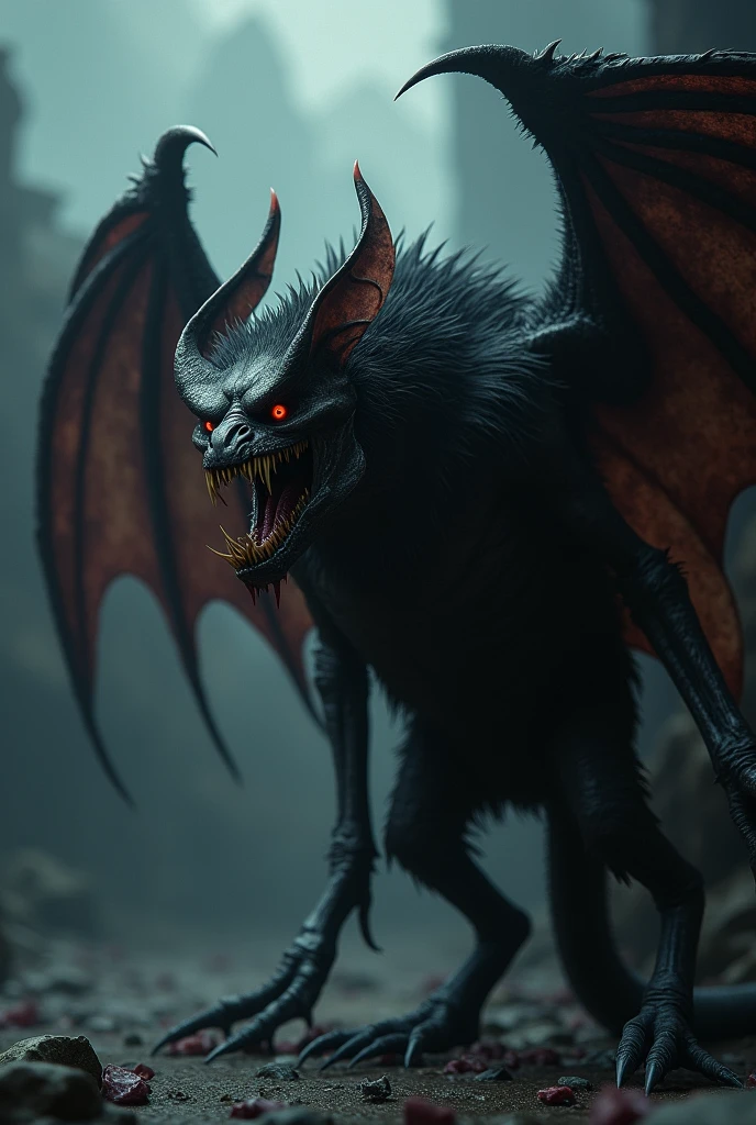 a giant bat-like monster in a dracula style facing right, realistic dark fantasy style