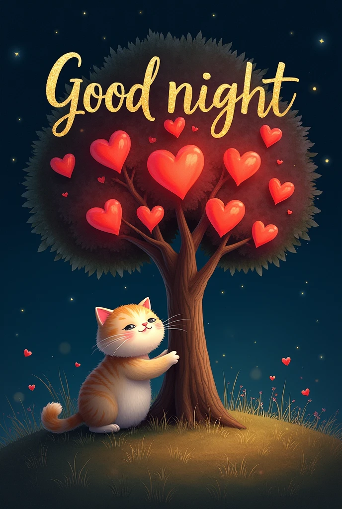 Natural dark environment at night. At the edge you can see a tree with many bright red hearts. A cute fat fluffy cat is leaning on the tree. Above it says in golden letters in capital letters Good night