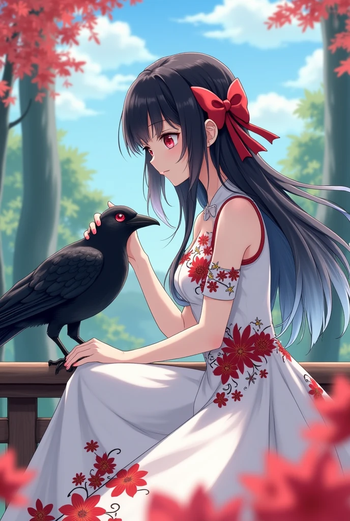 Screenshot Kimetsu no yaiba style with a woman petting a crow, The woman has loose black hair with light blue tips and is wearing a long white dress with red flowers smiling calmly , with red eyes or with shine , a red bow and Kimetsu no Yaiba style