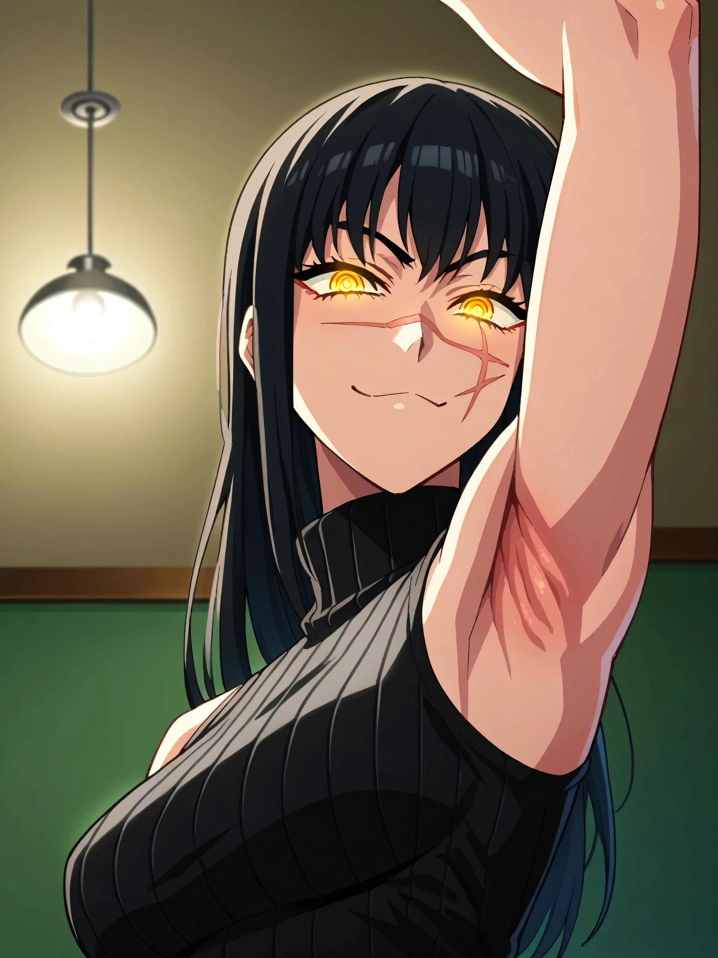 score_9, score_8_up, score_7_up, source_anime, anime screencap, 1girl, solo, indoors, dark room, dark, lights off, feminine, yoru, scar on cheek, cross scar, (long hair:1.1), black hair, yellow eyes, ringed eyes, glowing eyes, feminine, black hair, sweater, ribbed sweater, ribbed, turtleneck, turtleneck sweater, (black sweater:1.1), sleeveless sweater, bare shoulders, bare arms, looking at viewer, eye contact with viewer, facing viewer, evil smile, smug, closed mouth, arm up, raised arm, armpit, from side, from below, armpit up close, close-up of armpit, kabedon, pinning down viewer 