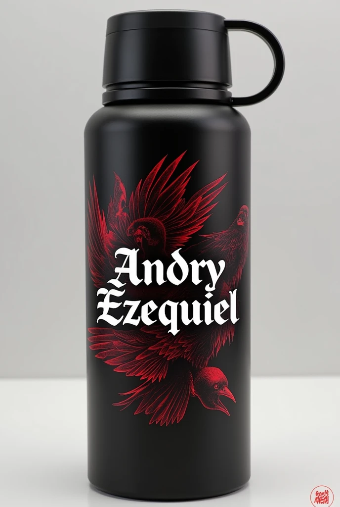 Create a personalized thermos with a black design and that has the name Andryezequiel and drawings of red and black crows. And the name that looks classic, that shows the name Andry among the crows. 