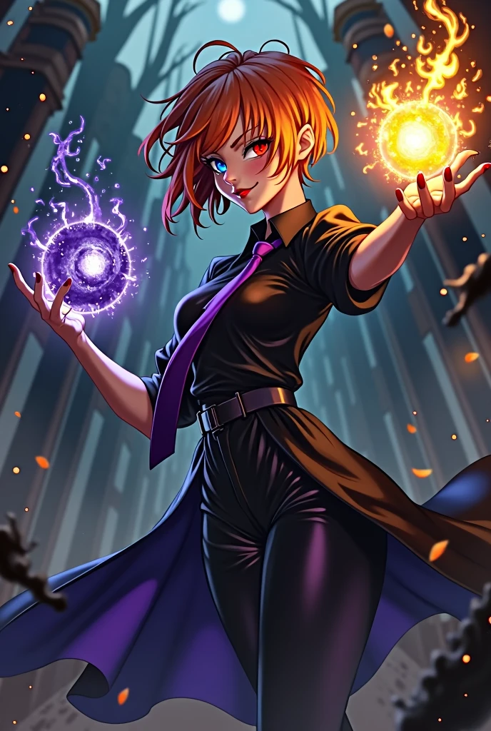 moria:tilda,heterochromia,short hair,orange hair,red eye,blue eye,evil smile, black shirt,purple tie, action pose, battle pose, attack pose, dark orb in the left hand, yellow orb in the right hand (ly detailed, masterpiece, best quality),solo,