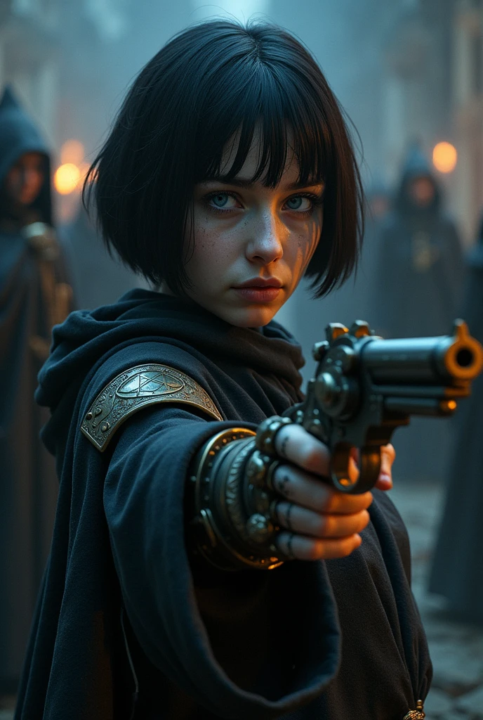 Pale girl with short black hair, From the Middle Ages, realisitic, blue colored eyes, dark clothes with detailed steampunk robotic arm prosthesis, holding a flintlock pistol with a pentagram symbol, cut on the face, the night, in the background an angry religious group with fire behind, detaileds