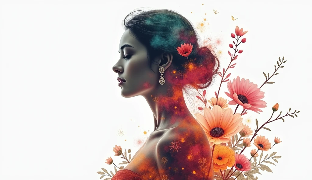 high quality, 8K Ultra HD, A beautiful double exposure that combines an goddess silhouette with multicolor flowers, multicolor flowers should serve as the underlying backdrop, with its details incorporated into the goddess , crisp lines, The background is monochrome, sharp focus, double exposure, by yukisakura, awesome full color,