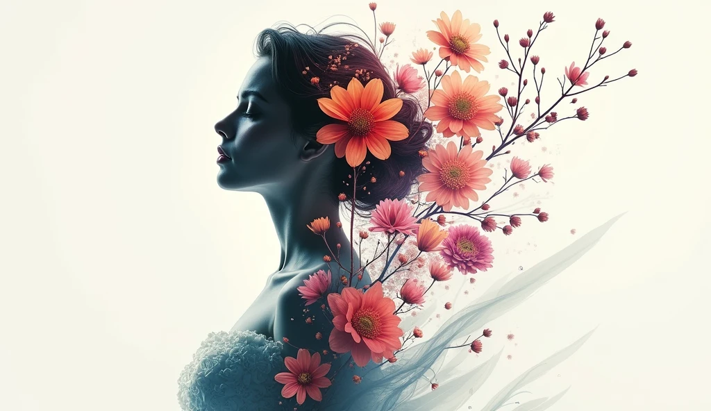 high quality, 8K Ultra HD, A beautiful double exposure that combines an goddess silhouette with multicolor flowers, multicolor flowers should serve as the underlying backdrop, with its details incorporated into the goddess , crisp lines, The background is monochrome, sharp focus, double exposure, by yukisakura, awesome full color,