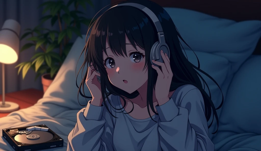 ( High Definition 2D Anime) Girl listening to music in a cozy room at night, use headphones, 2d anime style, they be, Hard disk, kinda dark, sexy girl.