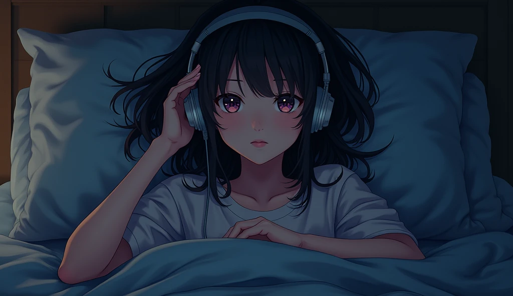 ( High Definition 2D Anime) Girl listening to music in a cozy room at night, use headphones, 2d anime style, they be, Hard disk, kinda dark, sexy girl.