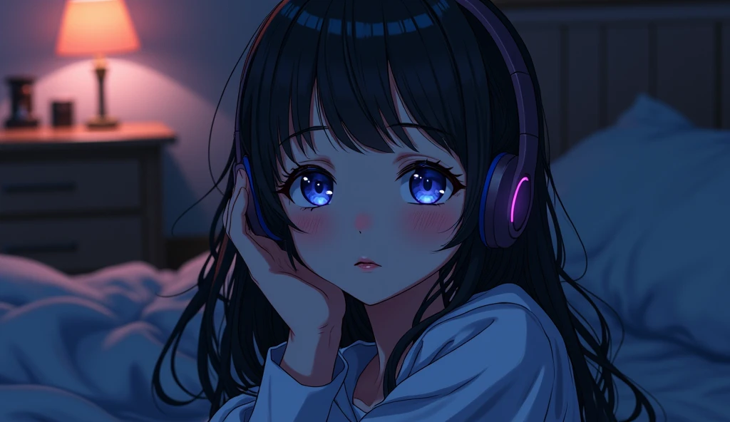 ( High Definition 2D Anime) Girl listening to music in a cozy room at night, use headphones, 2d anime style, they be, Hard disk, kinda dark, sexy girl.