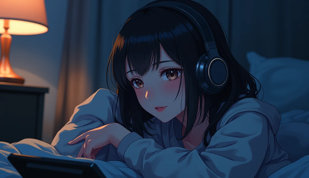 ( High Definition 2D Anime) Girl listening to music in a cozy room at night, use headphones, 2d anime style, they be, Hard disk, kinda dark, sexy girl.