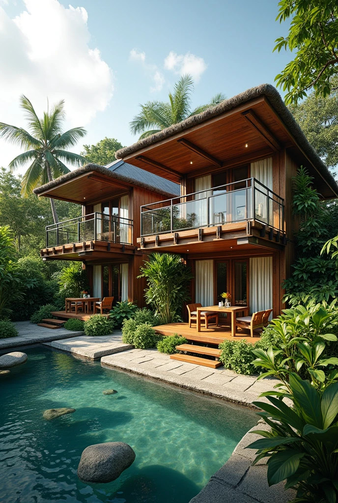make an 2 building environment-friendly with a philippine-native vibe hotel. one is for standard and has 6 rooms. and the other is for deluxe and have 4 rooms. each rooms in the building consists own separated balcony with a table each intended for in-room dining experience to appreciate the nature around. make it typhoon-proof, facing the beach, the roof is like hut but have a modern aesthetic design. a function-hall in the side of the two building, with a small kiosk for a mini bar and handcrafted souvenir. it should be sorrounded by yard and plants, with pool. it should give justice to our concept semi-eco-friendly hotel. siargao vibe. make it bigger and please add more rooms.
take note: 2 buildings only.
make the photo landscape. if you know Biri, Northern Samar ot should be located in it.