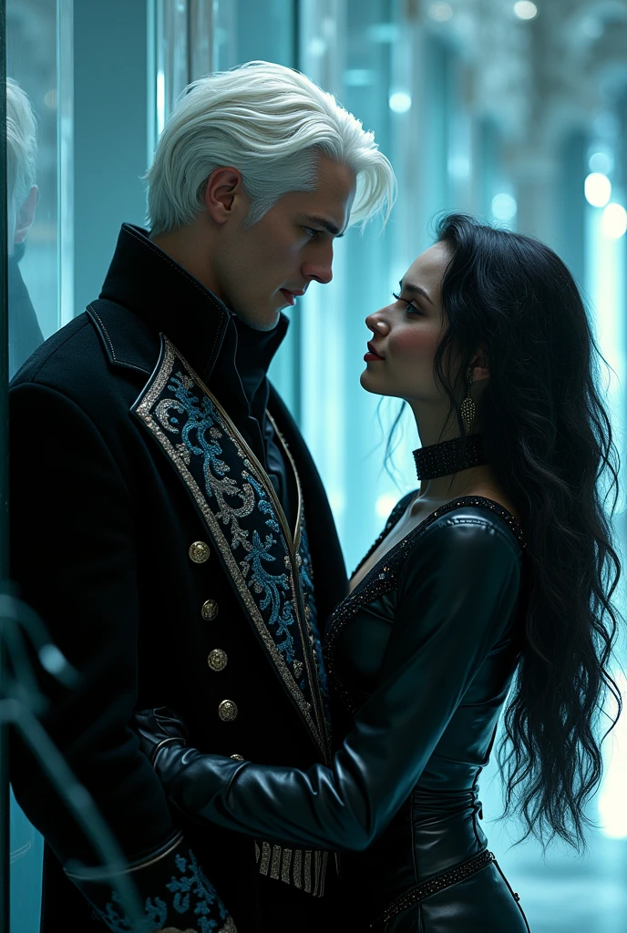 Make an image of an extremely handsome and strong man, he has snow white hair and crystal blue eyes, He was dressed in an elegant and mysterious attire, consisting of a black overcoat made of shiny fabric that caught the light around it, highlighting your presence. The costume design is detailed, with intricate embroidery in light blue and silver, which stand out mainly in the vest and the lining of the jacket. under, a dark shirt with a V-neck reveals a combination of noble fabrics, completing the look with a touch of sophistication, he is leaning against the wall with and there is an extremely beautiful woman with a knife to his neck, she has long black hair that is slightly wavy, eyes golden as gold, and wears a black leather combat outfit, she looks at him with a little smile on her face as she holds the knife to his throat, the bottom and hallway of a glass castle