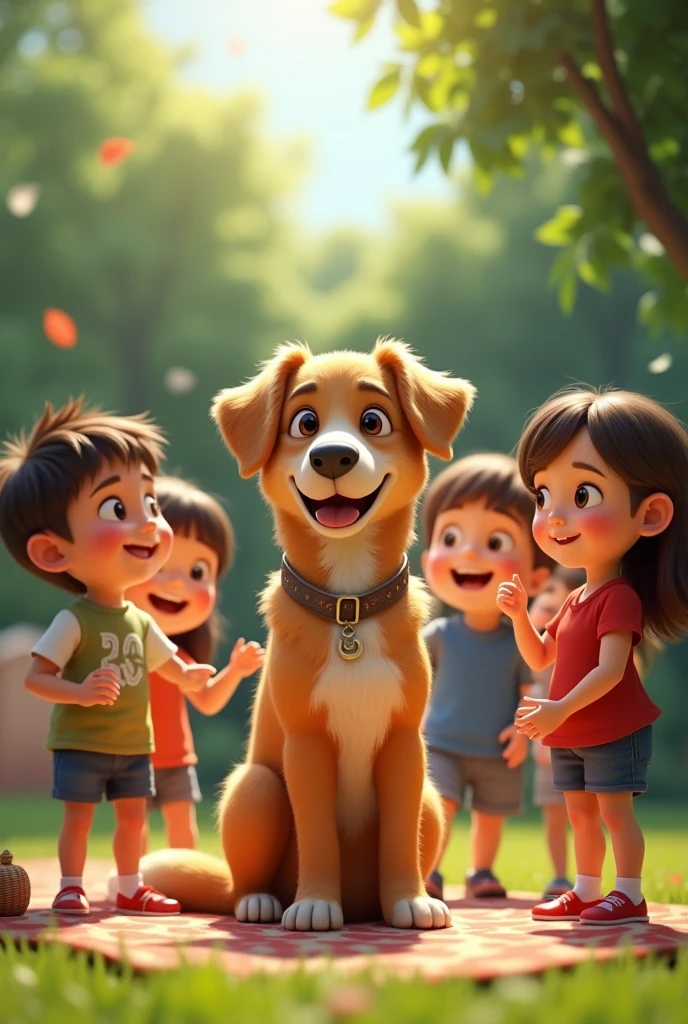 dog standing with children