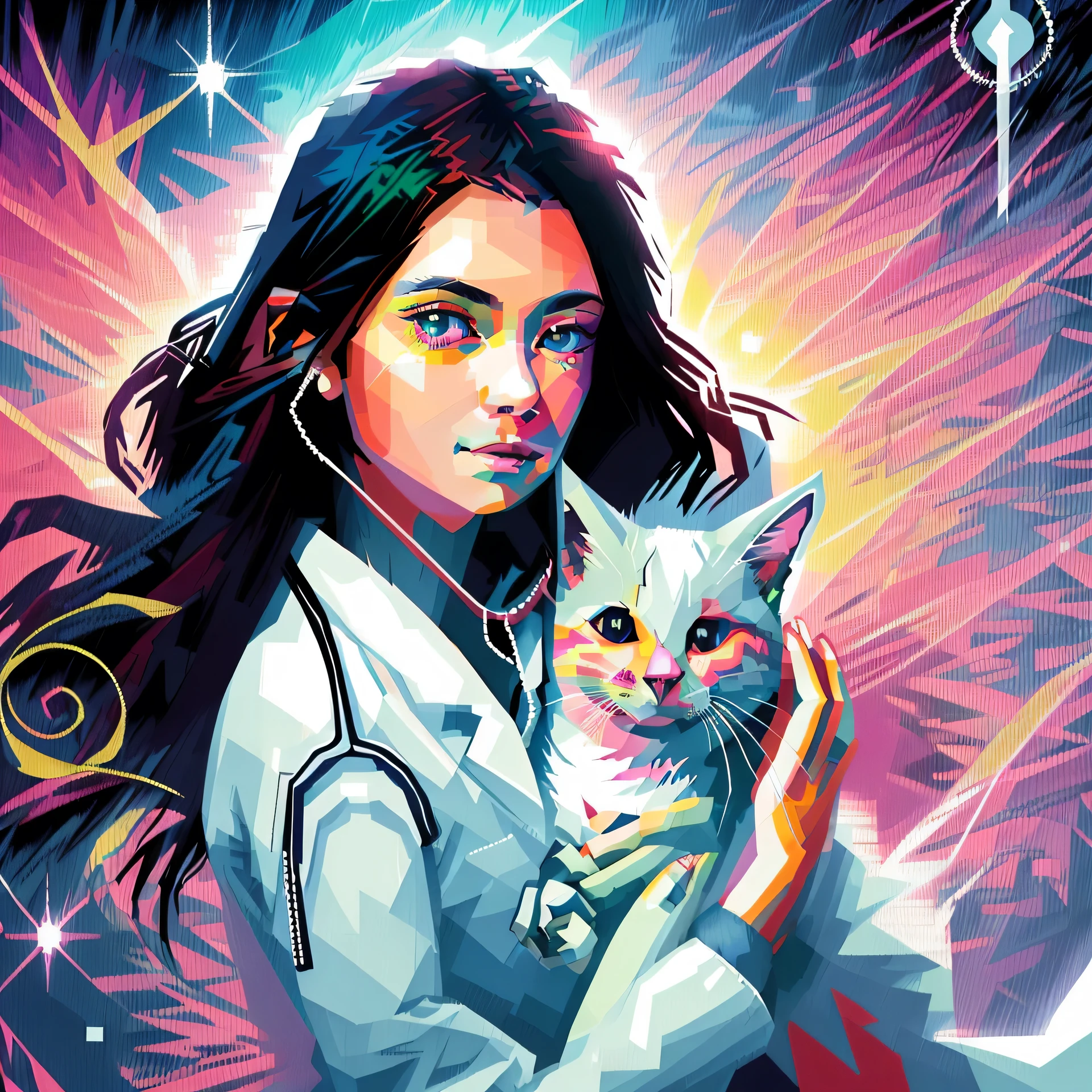 a close up of a woman holding a cat in her arms, beeple and jeremiah ketner, by Jeremiah Ketner, jen bartel, white cat girl, doctor, white ( cat ) girl, nurse girl, medical doctor, cute detailed digital art, by Cyril Rolando, with a lab coat, beautiful digital artwork, very beautiful cute catgirlHD, (Best Detail), (Best Quality), WPAP style, color coordination,