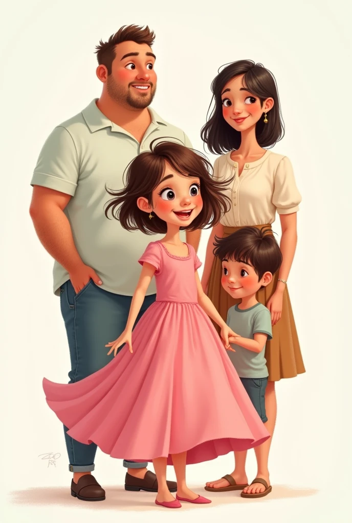 A 2D drawing of a brunette girl with short, loose hair wearing a pink dress and a transparent background and her family where her dad is chubby and brunette and her mom is skinny and brunette with a skirt and shirt and a younger, brunette boy. 