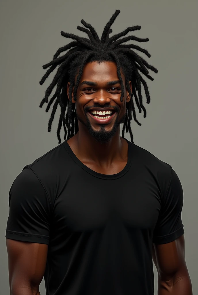 Corps homme noir,corps jeune homme noir,Cheveux noirs, cheveux dread locks,couleur de peau marron clair, teint marron clair, couleur des pupilles rouge, souriant, t-shirt à manches courtes, t-shirt noir,dents tranchant,dents requin