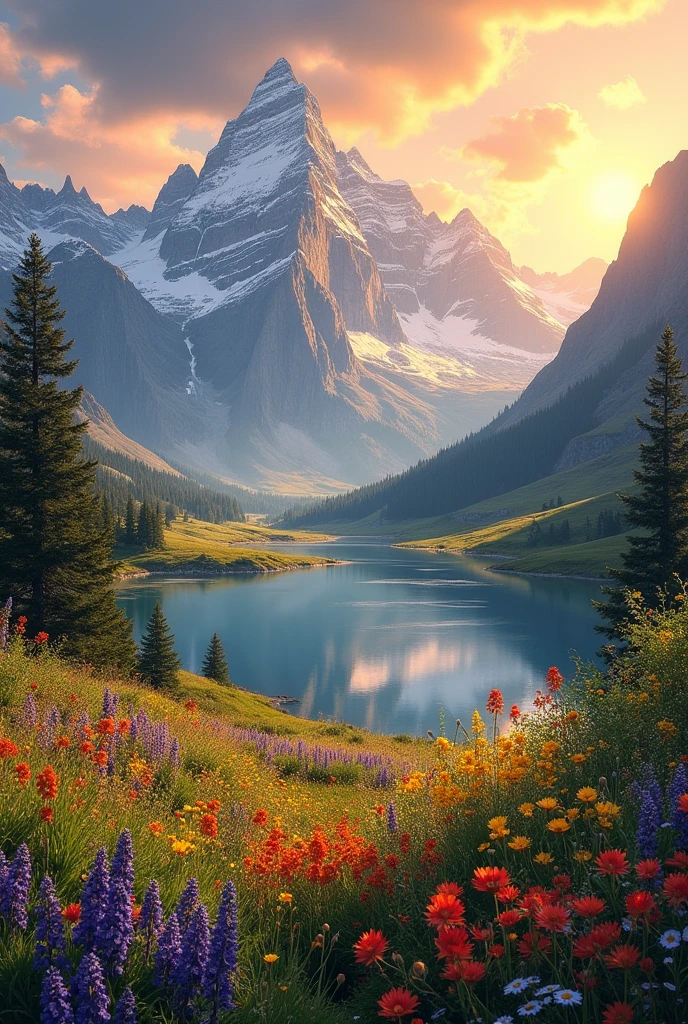"Majestic mountains, serene lake, vibrant flowers, and a golden sunset."