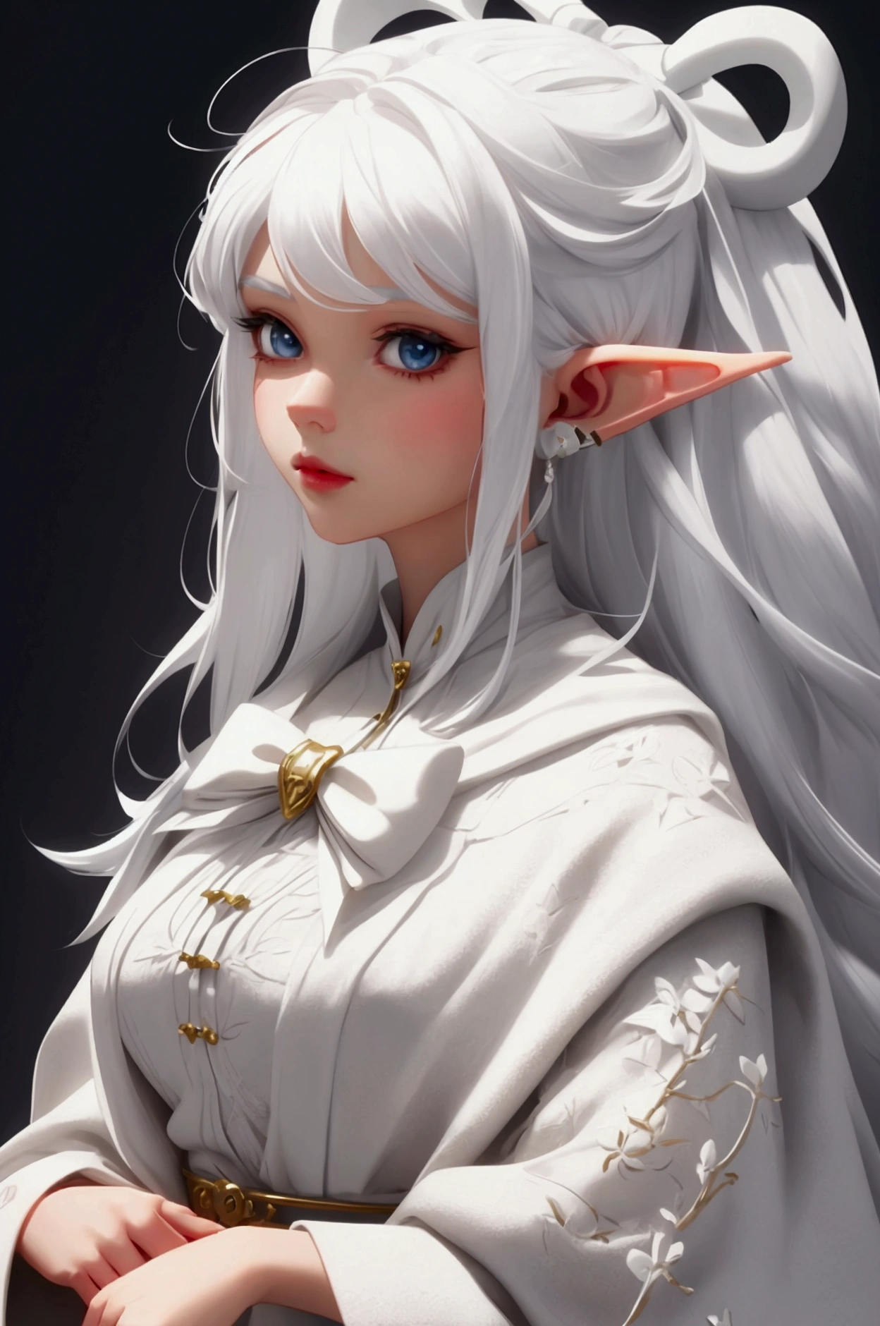 Create an elf with white hair,a bow and a bear