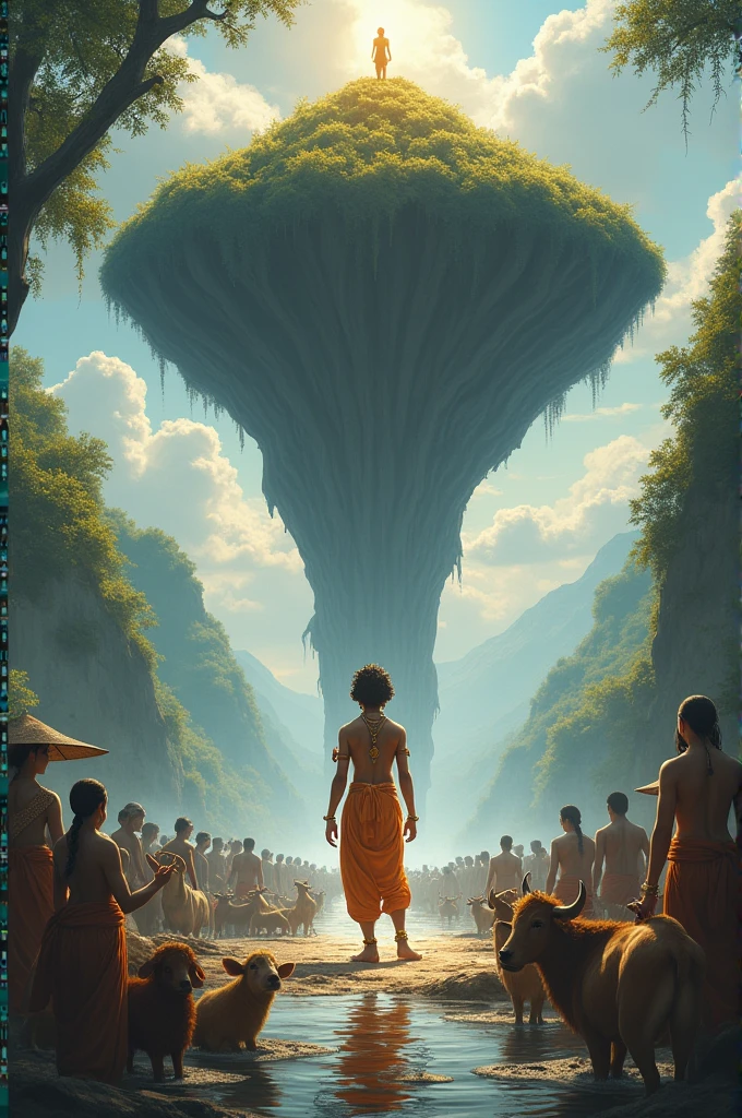 Create cute images of young lord krishna saving Brindavan people from flood by holding Govardhana mountain in his hand for protecting village people and domestic animals under mountain