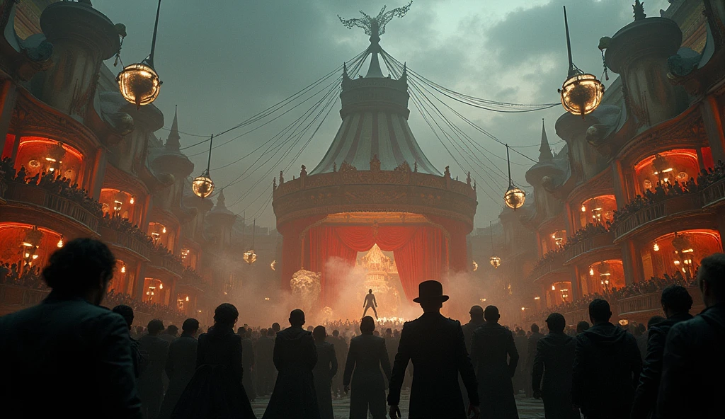 design dark cinematic circus pic with huge crowd of people, acrobats, juglars and trained animals