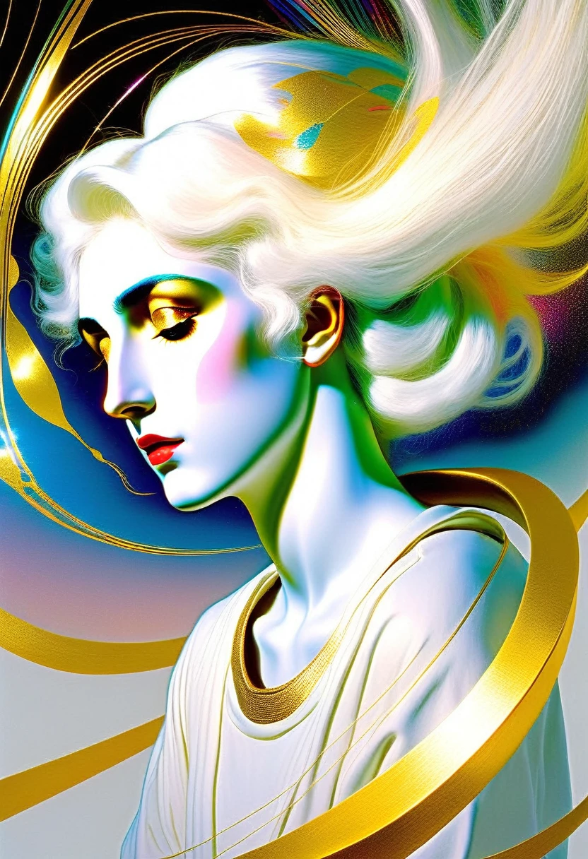 white hair, gold eyes,white clothes, looking up, upper body,hair strand,Fair skin,side braids ((The glitch effect)) ((Marc Chagall style)), magic naive art, primitivism, protogen, , ((best quality, Masterpiece)), ((Highest detail)), RAW:1,1, 8k