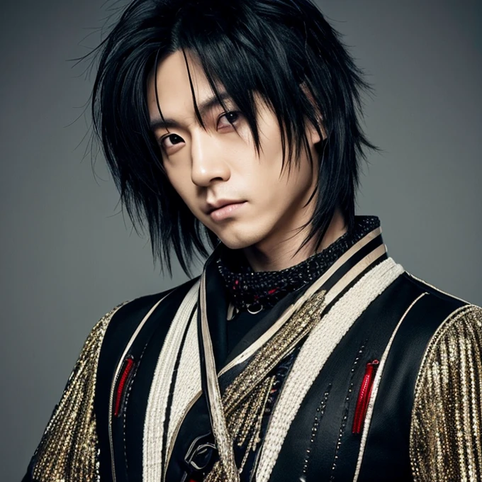 1 Japanese male rocker, Asian eyes, muscular, broad shoulders, hairstyle Visual Kei style, hair Visual Kei, black rocker clothing, ultra detailed face, hyperrealistic, realistic representation, 40 years old, age 40 years, black and bonde hair, long hair