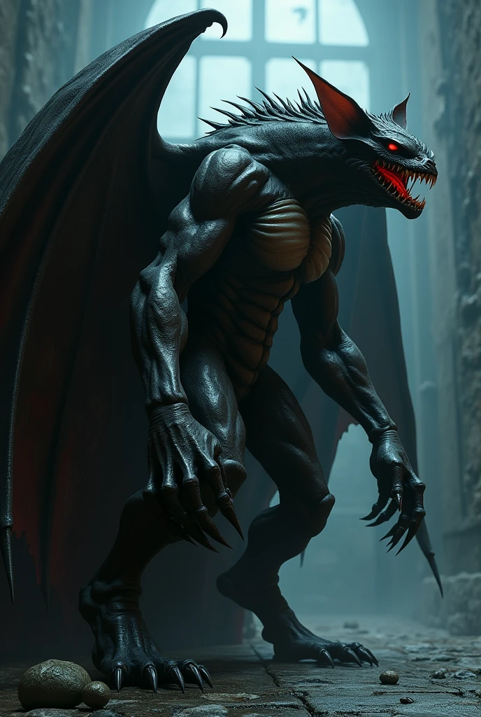 a giant bat-like monster in a dracula style facing right, realistic dark fantasy style, make him humanoid but like a bat monster like Dracula from the movie Van Helsing