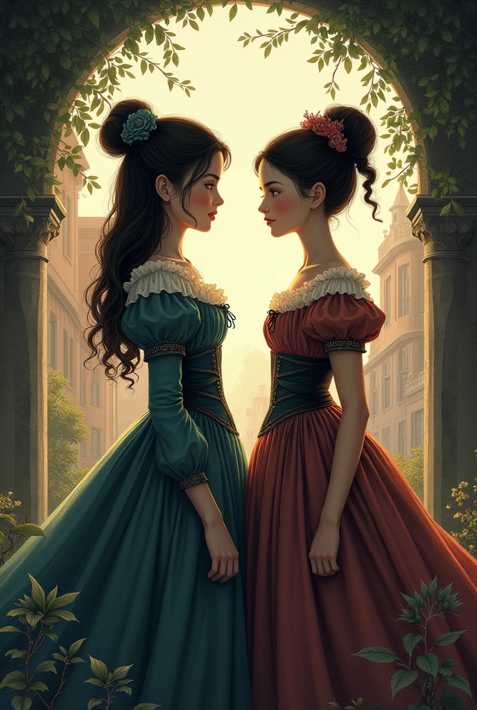 book cover about two bestfriond whom is transfered suddenly into a whole historical world with her bestie make it no face but with historical dress