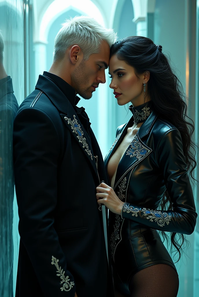 Make an image of an extremely handsome and strong man, he has short white hair and crystal blue eyes, He was dressed in an elegant and mysterious attire, consisting of a black overcoat made of shiny fabric that caught the light around it, highlighting your presence. The costume design is detailed, with intricate embroidery in light blue and silver, which stand out mainly in the vest and the lining of the jacket. under, a dark shirt with a V-neck reveals a combination of noble fabrics, completing the look with a touch of sophistication, he is leaning against the wall with and there is an extremely beautiful woman with a knife to his neck, she has long black hair that is slightly wavy, eyes golden as gold, and wears a black leather combat outfit, she looks at him with a little smile on her face as she holds the knife to his throat, the bottom and hallway of a glass castle