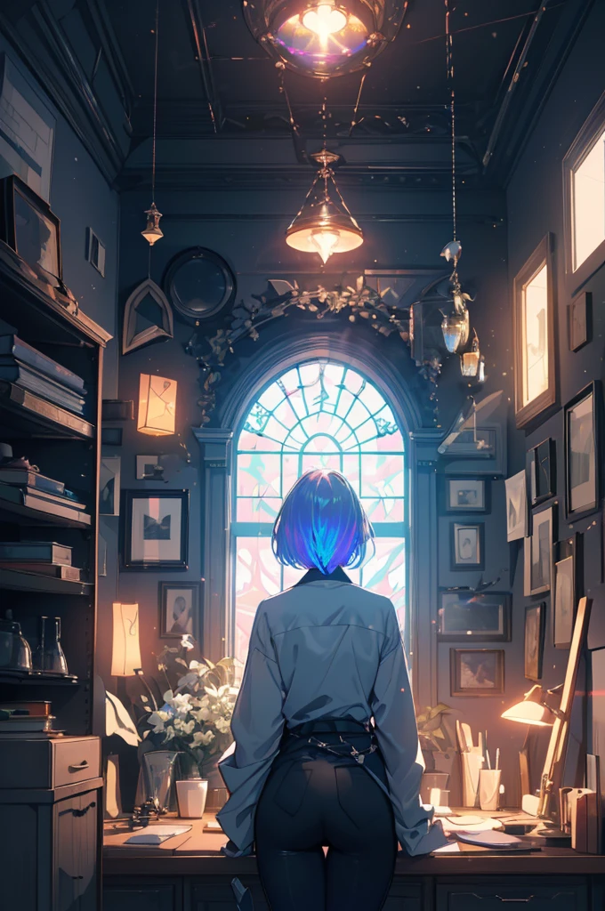 jawline, hypdertailed, regatta, shirt tied at the waist, cleaning a portal gun on a workbench, morning sunlight shining through the window (zrpg style) (work of art:1.2) (illustration:1.2) (best qualityer:1.2) (detailded) (Intricate) (8k) (hdr) (Cinematic lighting) (sharp focus), fully body, BIG ASS, thick, {extremely detailed 16k CG unity wallpaper}, expansive landscape photograph, (a view from below with a focus on character and setting), (wide open field view), (low angle photo), (high light: 1.2), (low light:1.7), (Warm Light Source: 1.2), complexdetails, (Iridescent Colors: 1.5), (bright lighting), (Atmospheric lighting), 