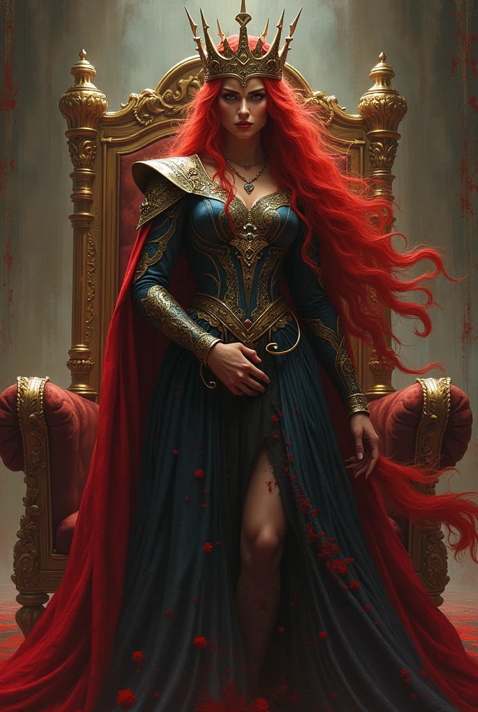 Woman with long red hair brutally killing someone, a respected queen full of power over anyone who dares to get in front of her VERY BRUTAL
