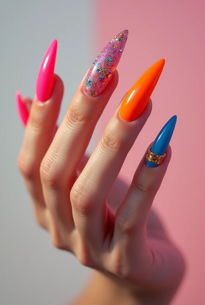 Create a realistic image of trendy nails in September, that they are stiletto-shaped and Korean-style